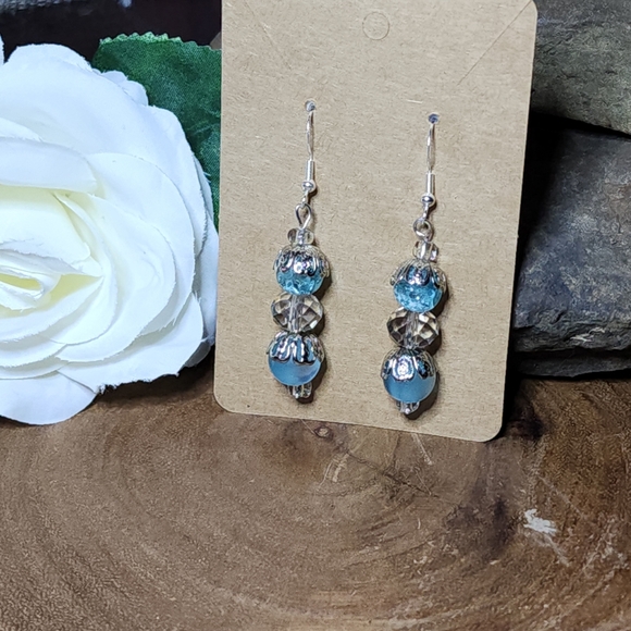 Hand Crafted Elegant Blue and Silver Toned Dangle Earrings - Picture 9 of 9